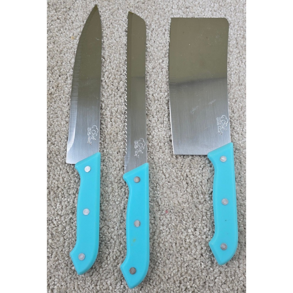 Chef Tony 3 Piece Knife Set Chef Bread Cleaver Turquoise Blue Stainless Steel